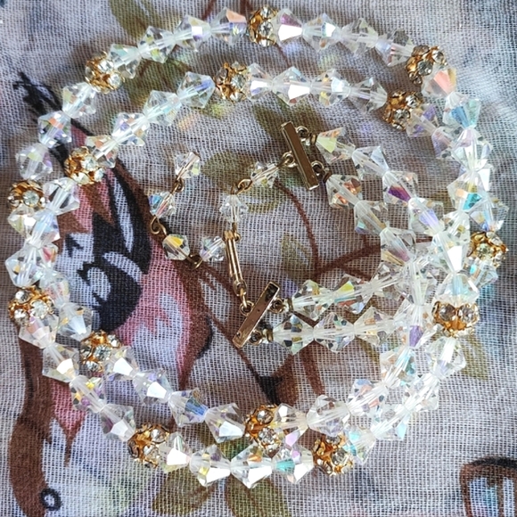 Heavily Faceted Vintage Large Bicone Aurora Borealis Clear Crystal Dual Necklace - Picture 6 of 7